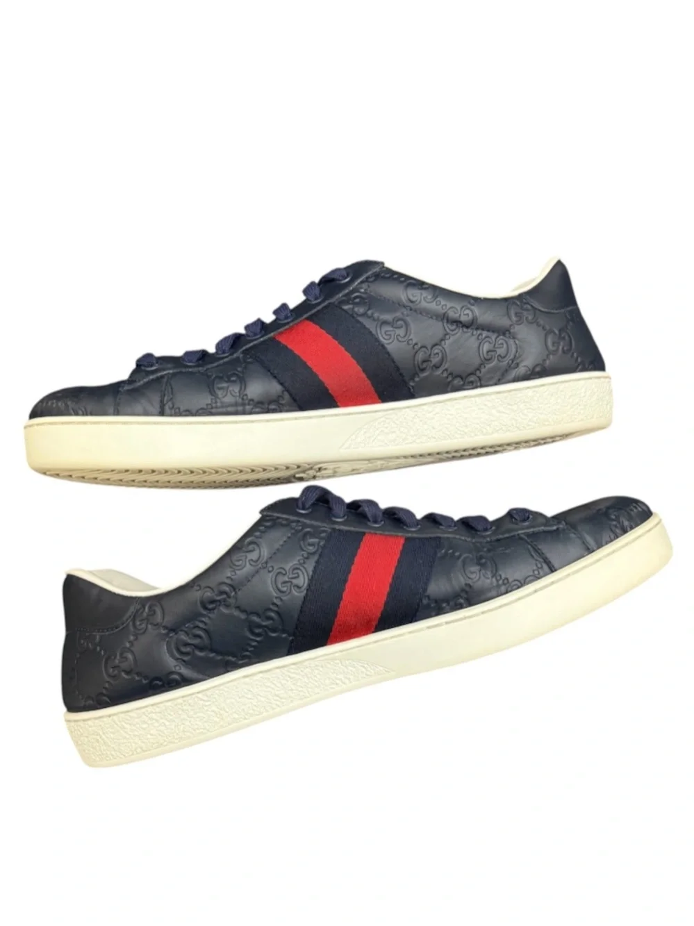 GUCCI - NAVY BLUE ALL LEATHER EMBOSSED MONOGRAM “ACE GG SUPREME” SNEAKERS